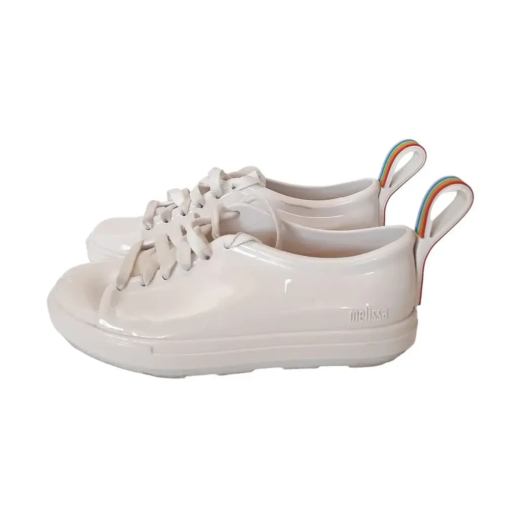 Mini Melissa White Rainbow Stripe Gel Sneakers Girls 2 Lace Up Mel by Melissa
